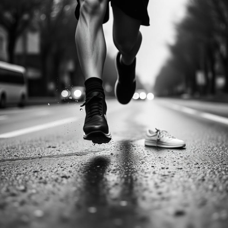 Runner mid-stride on wet asphalt