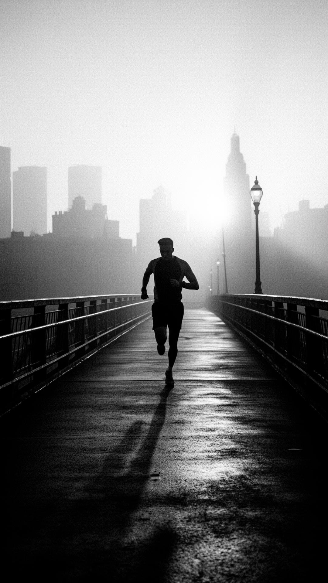 Lone runner crossing a misty city bridge at dawn